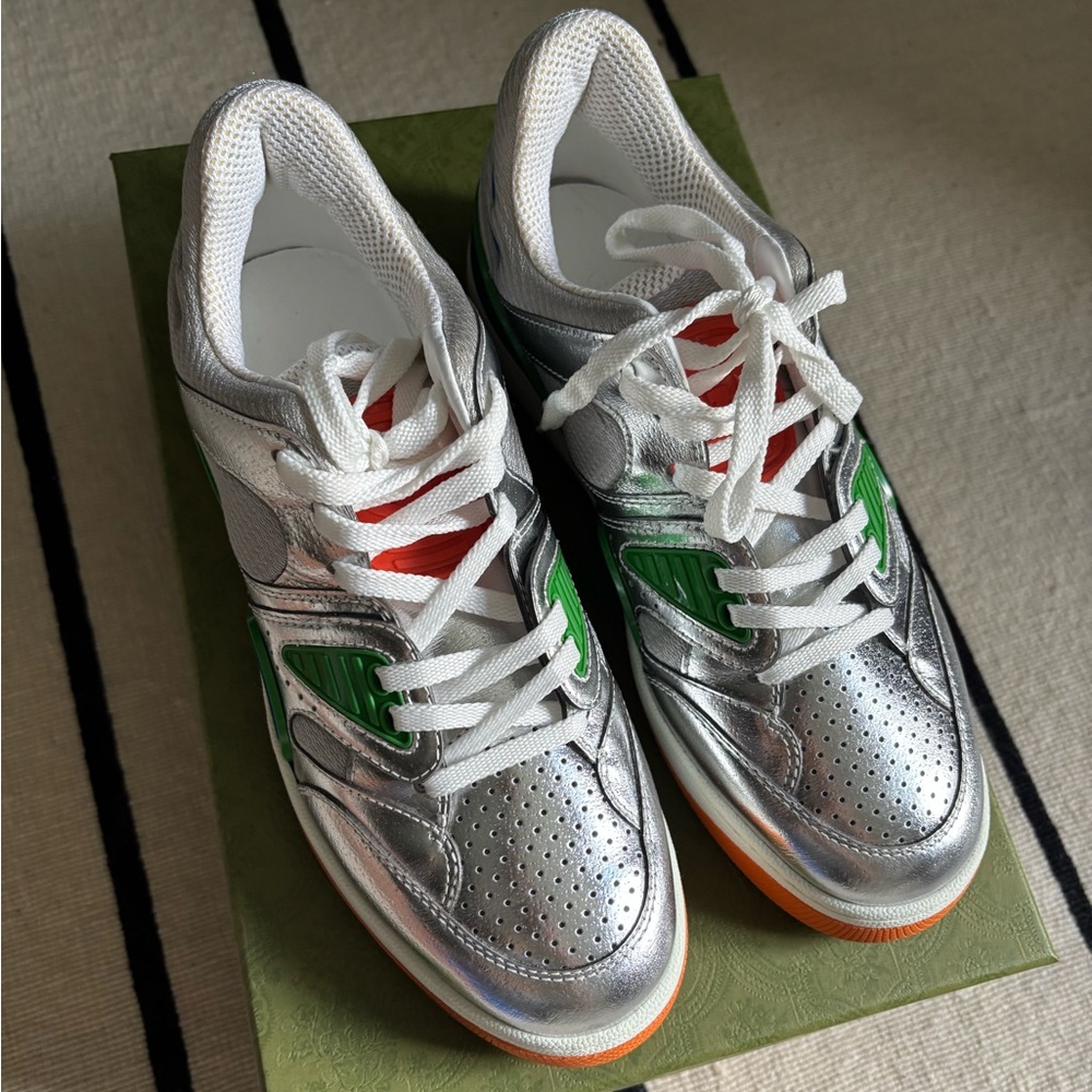 Gucci Silver and Green Athletic Shoes new in box